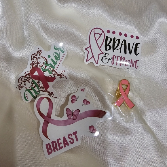 Pink Ribbon Breast Cancer Awareness Jewelry Set Earrings, Bracelet, pin stickers - Picture 2 of 2
